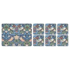 Morris & Co. Strawberry Thief Set Of 6 Placemats & Coasters, Blue
